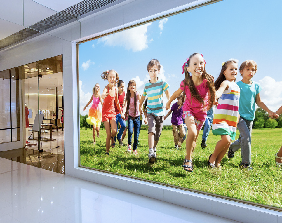 Brighly colored retail graphic.