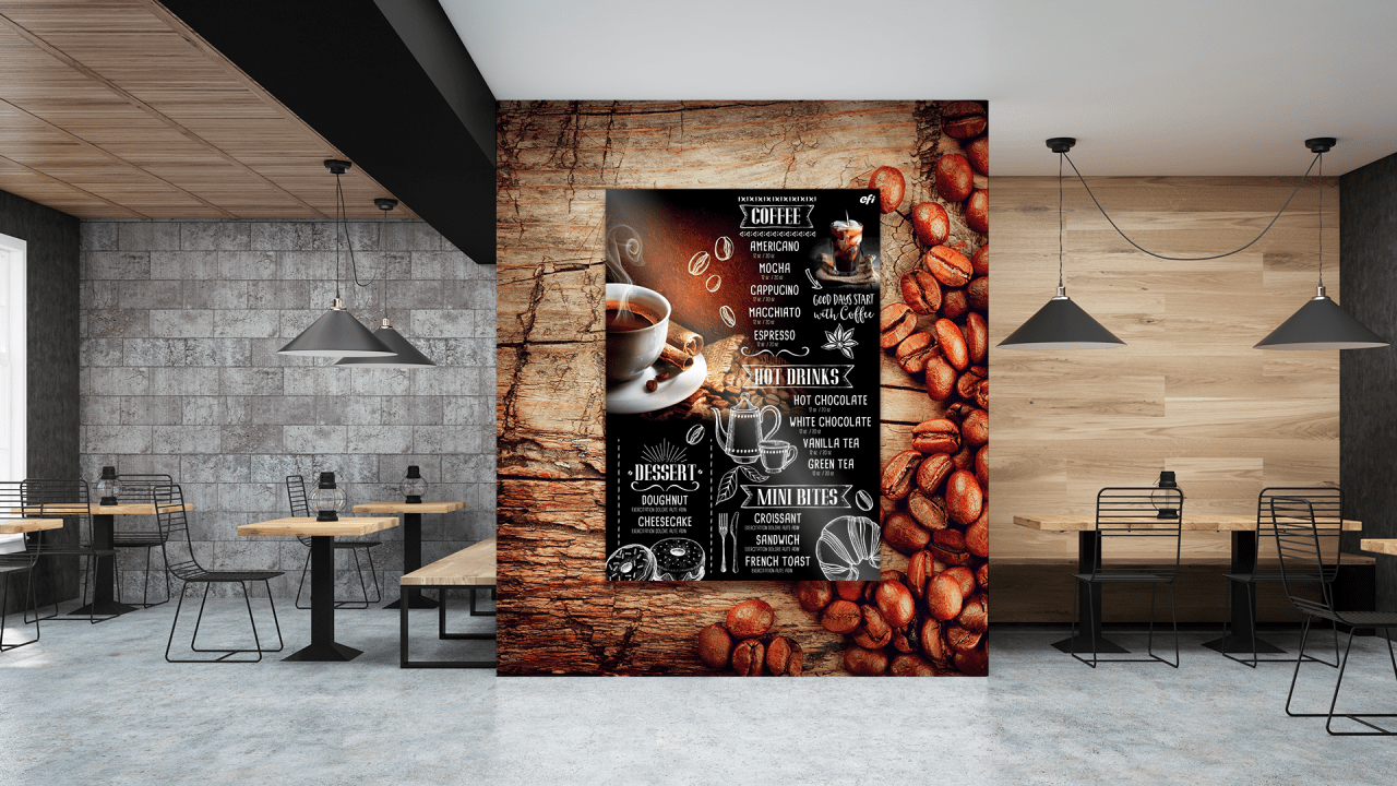 Wall-sized menu in a coffee shop.